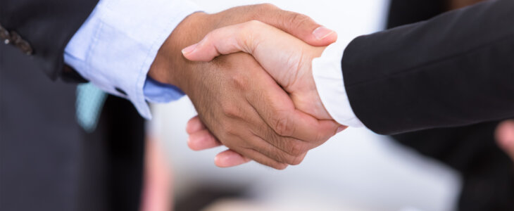 Business people man and woman shake hand in meeting